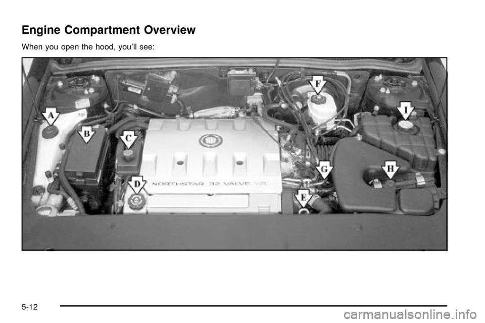 CADILLAC SEVILLE 2003 5.G Owners Manual Engine Compartment Overview
When you open the hood, youll see:
5-12 CADILLAC SEVILLE 2003 5.G Owners Manual Engine Compartment Overview
When you open the hood, youll see:
5-12