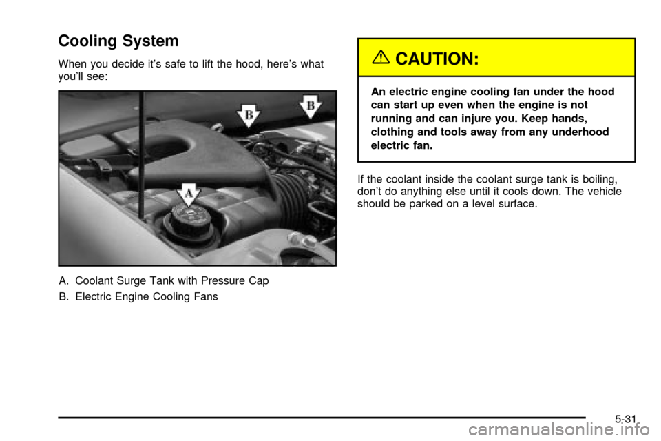 CADILLAC SEVILLE 2003 5.G Owners Manual Cooling System
When you decide its safe to lift the hood, heres what
youll see:
A. Coolant Surge Tank with Pressure Cap
B. Electric Engine Cooling Fans{CAUTION:
An electric engine cooling fan under CADILLAC SEVILLE 2003 5.G Owners Manual Cooling System
When you decide its safe to lift the hood, heres what
youll see:
A. Coolant Surge Tank with Pressure Cap
B. Electric Engine Cooling Fans{CAUTION:
An electric engine cooling fan under