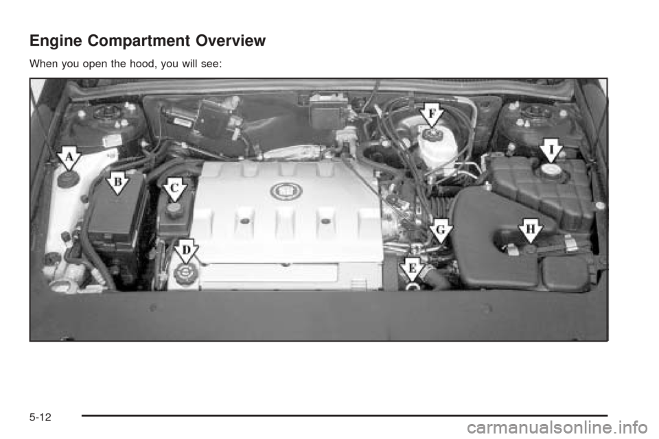 CADILLAC SEVILLE 2004 5.G Owners Manual Engine Compartment Overview
When you open the hood, you will see:
5-12 CADILLAC SEVILLE 2004 5.G Owners Manual Engine Compartment Overview
When you open the hood, you will see:
5-12