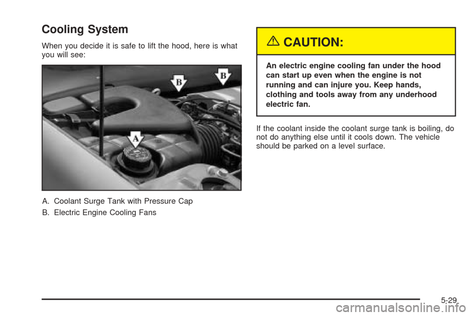 CADILLAC SEVILLE 2004 5.G Owners Manual Cooling System
When you decide it is safe to lift the hood, here is what
you will see:
A. Coolant Surge Tank with Pressure Cap
B. Electric Engine Cooling Fans{CAUTION:
An electric engine cooling fan u CADILLAC SEVILLE 2004 5.G Owners Manual Cooling System
When you decide it is safe to lift the hood, here is what
you will see:
A. Coolant Surge Tank with Pressure Cap
B. Electric Engine Cooling Fans{CAUTION:
An electric engine cooling fan u