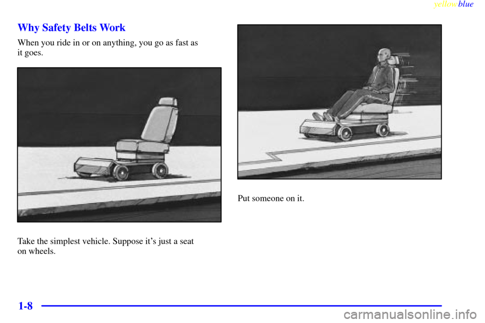 CADILLAC SEVILLE 1999 5.G User Guide yellowblue
1-8 Why Safety Belts Work
When you ride in or on anything, you go as fast as
it goes.
Take the simplest vehicle. Suppose its just a seat
on wheels.
Put someone on it. CADILLAC SEVILLE 1999 5.G User Guide yellowblue
1-8 Why Safety Belts Work
When you ride in or on anything, you go as fast as
it goes.
Take the simplest vehicle. Suppose its just a seat
on wheels.
Put someone on it.