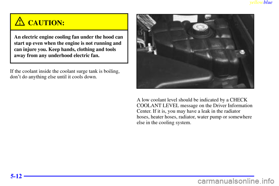 CADILLAC SEVILLE 1999 5.G Owners Manual yellowblue     
5-12
CAUTION:
An electric engine cooling fan under the hood can
start up even when the engine is not running and
can injure you. Keep hands, clothing and tools
away from any underhood 