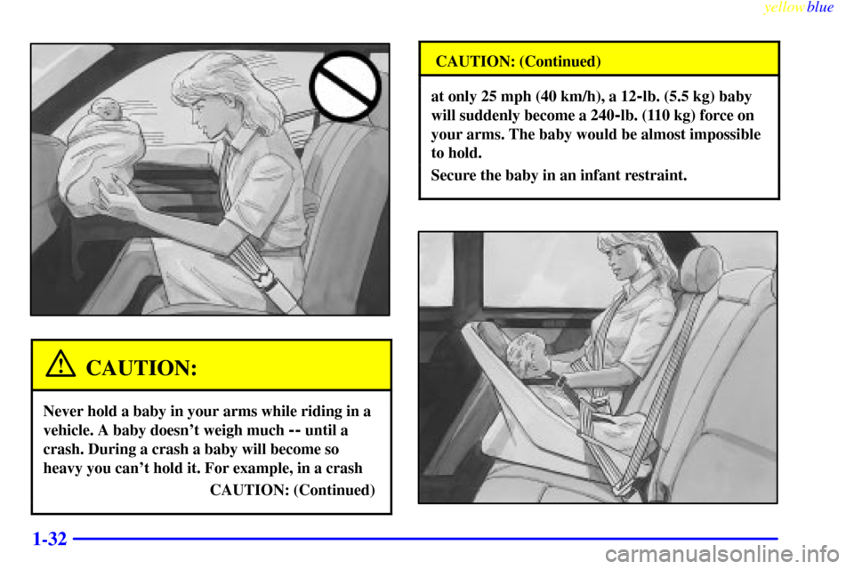 CADILLAC SEVILLE 1999 5.G Owners Guide yellowblue
1-32
CAUTION:
Never hold a baby in your arms while riding in a
vehicle. A baby doesnt weigh much
-- until a
crash. During a crash a baby will become so
heavy you cant hold it. For e CADILLAC SEVILLE 1999 5.G Owners Guide yellowblue
1-32
CAUTION:
Never hold a baby in your arms while riding in a
vehicle. A baby doesnt weigh much
-- until a
crash. During a crash a baby will become so
heavy you cant hold it. For e