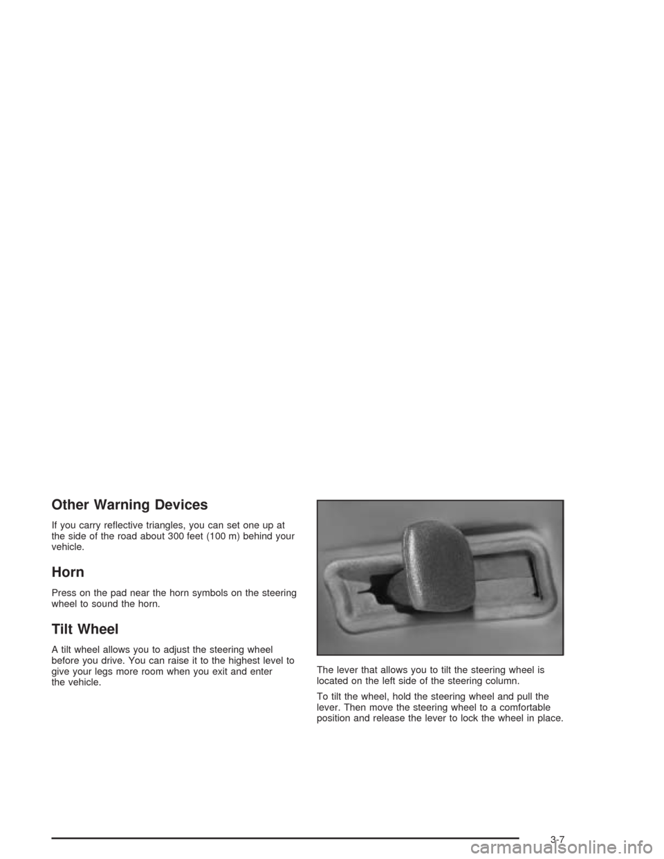 CADILLAC SRX 2004 1.G Owners Manual Other Warning Devices
If you carry re�ective triangles, you can set one up at
the side of the road about 300 feet (100 m) behind your
vehicle.
Horn
Press on the pad near the horn symbols on the steeri