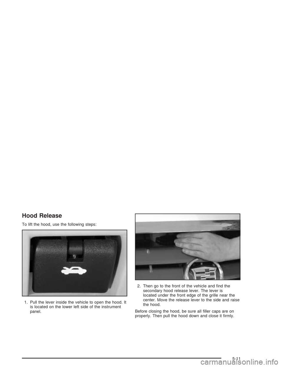 CADILLAC SRX 2004 1.G Owners Manual Hood Release
To lift the hood, use the following steps:
1. Pull the lever inside the vehicle to open the hood. It
is located on the lower left side of the instrument
panel.2. Then go to the front of t