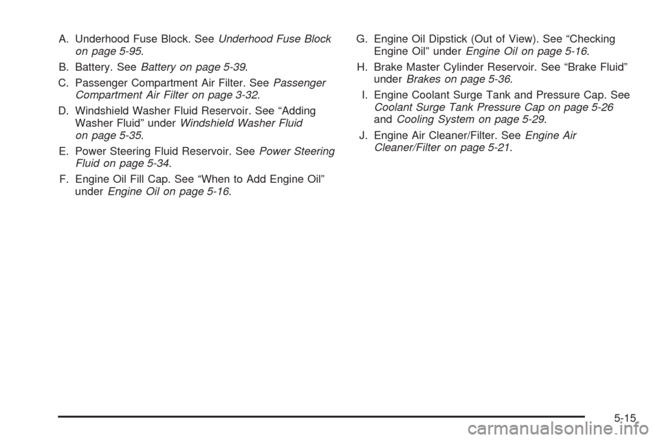 CADILLAC SRX 2005 1.G Owners Manual A. Underhood Fuse Block. SeeUnderhood Fuse Block
on page 5-95.
B. Battery. SeeBattery on page 5-39.
C. Passenger Compartment Air Filter. SeePassenger
Compartment Air Filter on page 3-32.
D. Windshield