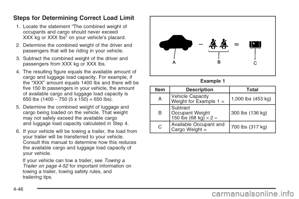 CADILLAC SRX 2006 1.G Owners Manual Steps for Determining Correct Load Limit
1. Locate the statement “The combined weight of
occupants and cargo should never exceed
XXX kg or XXX lbs” on your vehicle’s placard.
2. Determine the co