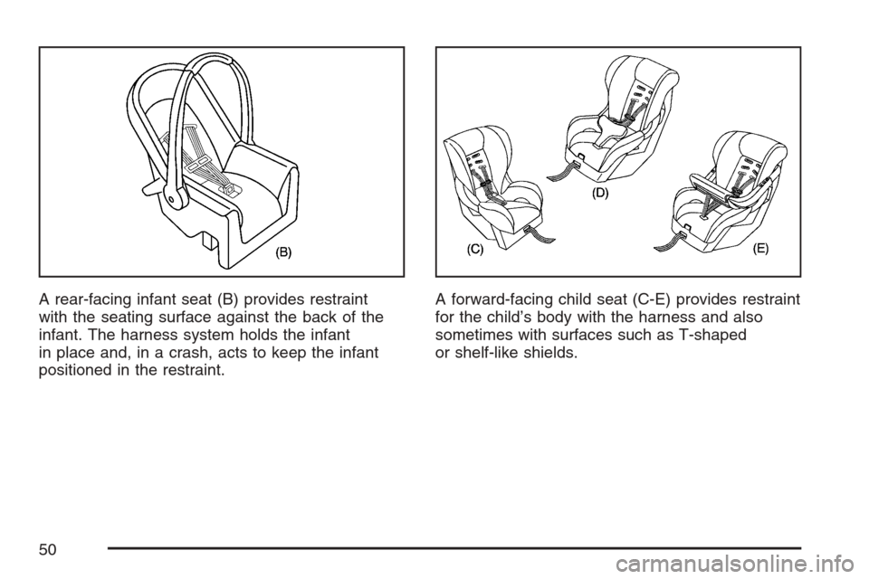 CADILLAC SRX 2007 1.G Service Manual A rear-facing infant seat (B) provides restraint
with the seating surface against the back of the
infant. The harness system holds the infant
in place and, in a crash, acts to keep the infant
position