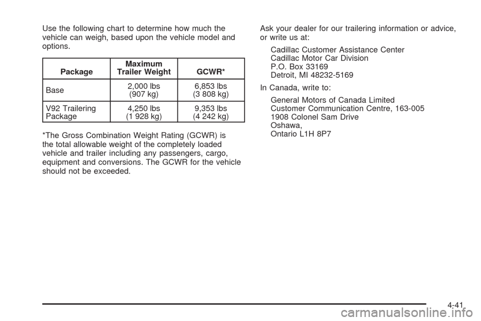CADILLAC SRX 2009 1.G Owners Manual Use the following chart to determine how much the
vehicle can weigh, based upon the vehicle model and
options.
PackageMaximum
Trailer Weight GCWR*
Base2,000 lbs
(907 kg)6,853 lbs
(3 808 kg)
V92 Traile