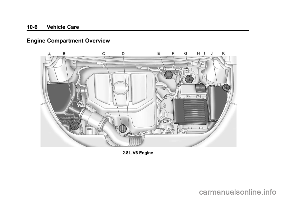 CADILLAC SRX 2011 2.G Manual PDF Black plate (6,1)Cadillac SRX Owner Manual - 2011
10-6 Vehicle Care
Engine Compartment Overview
2.8 L V6 Engine CADILLAC SRX 2011 2.G Manual PDF Black plate (6,1)Cadillac SRX Owner Manual - 2011
10-6 Vehicle Care
Engine Compartment Overview
2.8 L V6 Engine