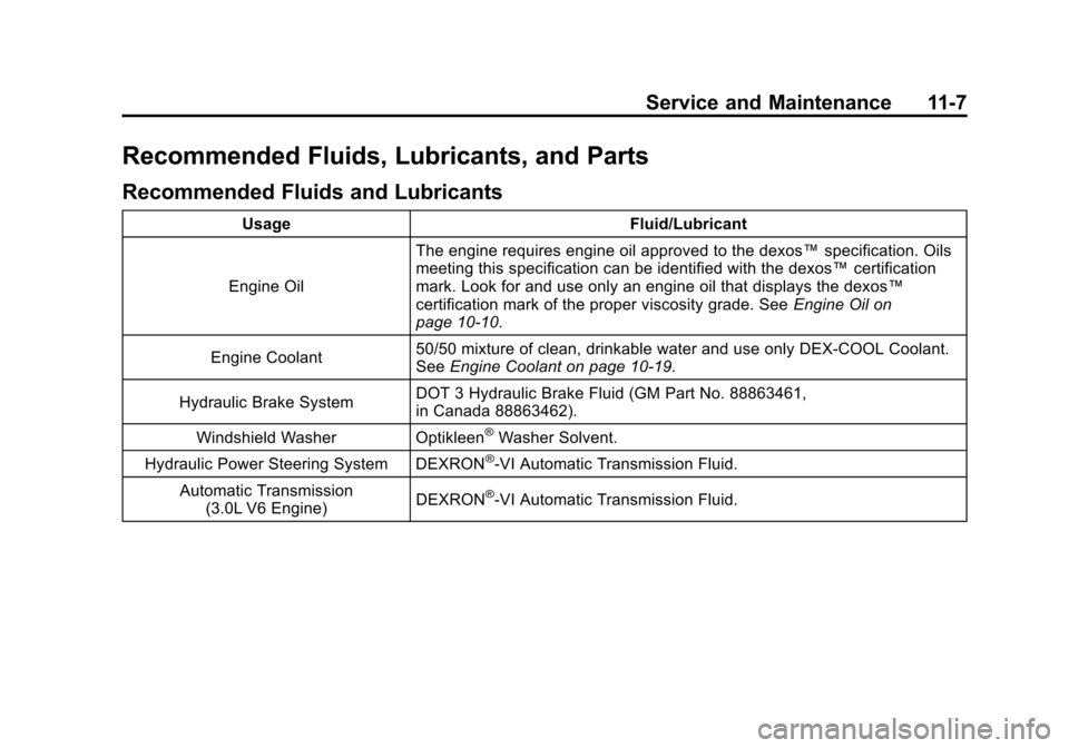 CADILLAC SRX 2011 2.G Owners Manual Black plate (7,1)Cadillac SRX Owner Manual - 2011
Service and Maintenance 11-7
Recommended Fluids, Lubricants, and Parts
Recommended Fluids and Lubricants
UsageFluid/Lubricant
Engine Oil The engine re CADILLAC SRX 2011 2.G Owners Manual Black plate (7,1)Cadillac SRX Owner Manual - 2011
Service and Maintenance 11-7
Recommended Fluids, Lubricants, and Parts
Recommended Fluids and Lubricants
UsageFluid/Lubricant
Engine Oil The engine re