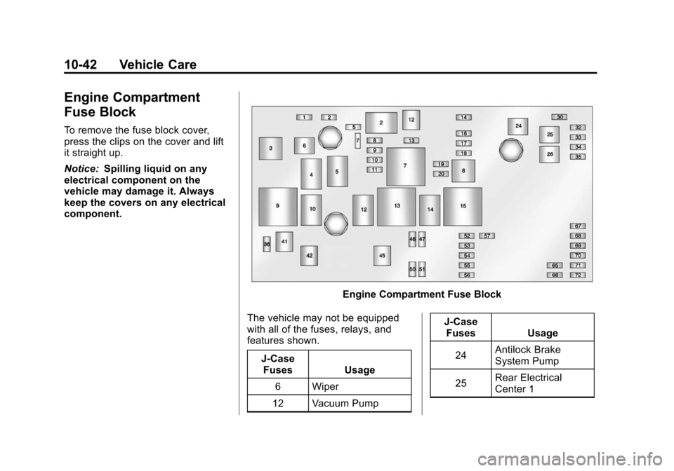 CADILLAC SRX 2012 2.G Owners Manual Black plate (42,1)Cadillac SRX Owner Manual (Include Mex) - 2012
10-42 Vehicle Care
Engine Compartment
Fuse Block
To remove the fuse block cover,
press the clips on the cover and lift
it straight up.
