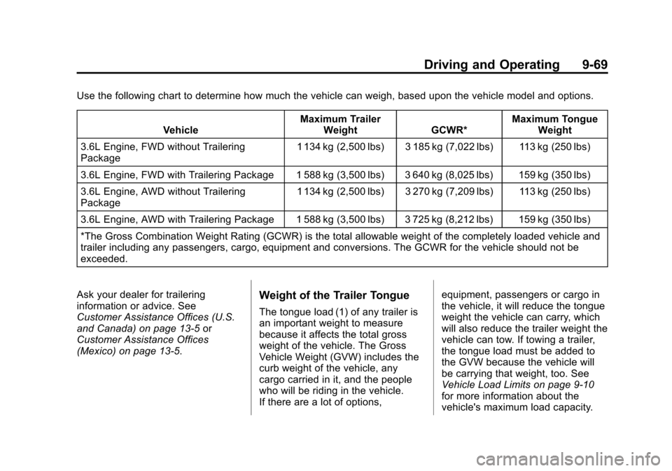 CADILLAC SRX 2013 2.G Owners Manual Black plate (69,1)Cadillac SRX Owner Manual - 2013 - CRC - 11/9/12
Driving and Operating 9-69
Use the following chart to determine how much the vehicle can weigh, based upon the vehicle model and opti CADILLAC SRX 2013 2.G Owners Manual Black plate (69,1)Cadillac SRX Owner Manual - 2013 - CRC - 11/9/12
Driving and Operating 9-69
Use the following chart to determine how much the vehicle can weigh, based upon the vehicle model and opti