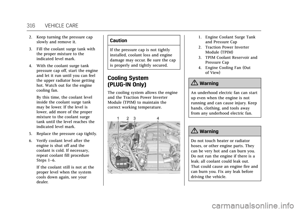 CADILLAC CT6 2018 1.G User Guide Cadillac CT6 Owner Manual (GMNA-Localizing-U.S./Canada-11292458) -
2018 - crc - 2/15/17
316 VEHICLE CARE
2. Keep turning the pressure capslowly and remove it.
3. Fill the coolant surge tank with the p CADILLAC CT6 2018 1.G User Guide Cadillac CT6 Owner Manual (GMNA-Localizing-U.S./Canada-11292458) -
2018 - crc - 2/15/17
316 VEHICLE CARE
2. Keep turning the pressure capslowly and remove it.
3. Fill the coolant surge tank with the p