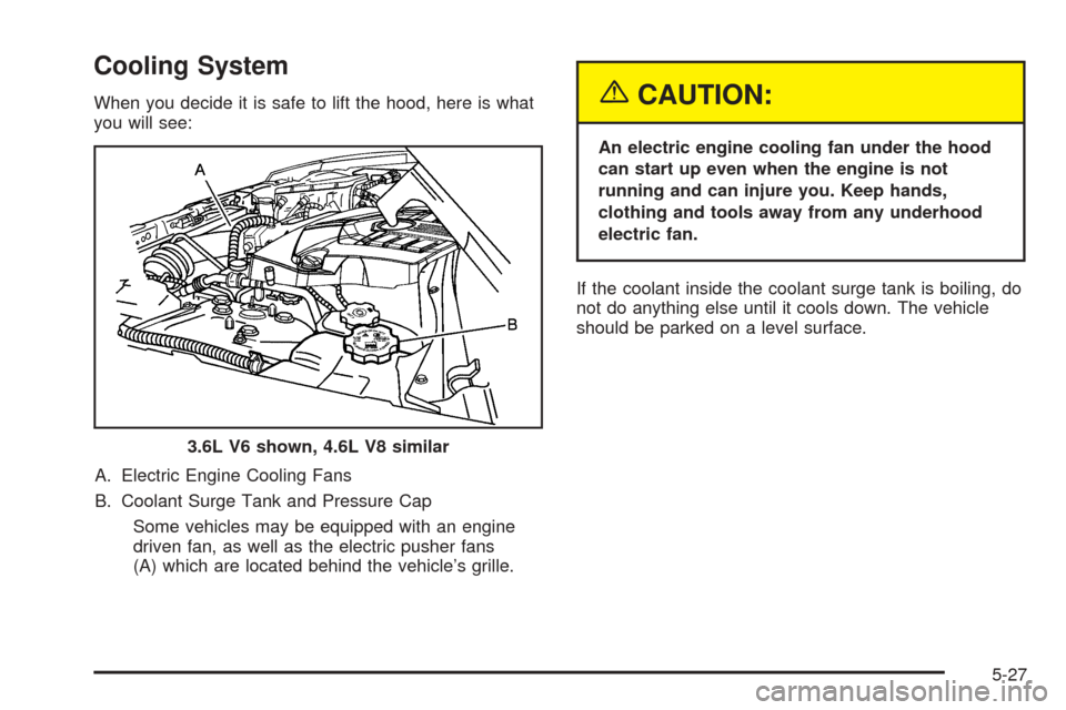 CADILLAC STS 2005 1.G User Guide Cooling System
When you decide it is safe to lift the hood, here is what
you will see:
A. Electric Engine Cooling Fans
B. Coolant Surge Tank and Pressure Cap
Some vehicles may be equipped with an engi