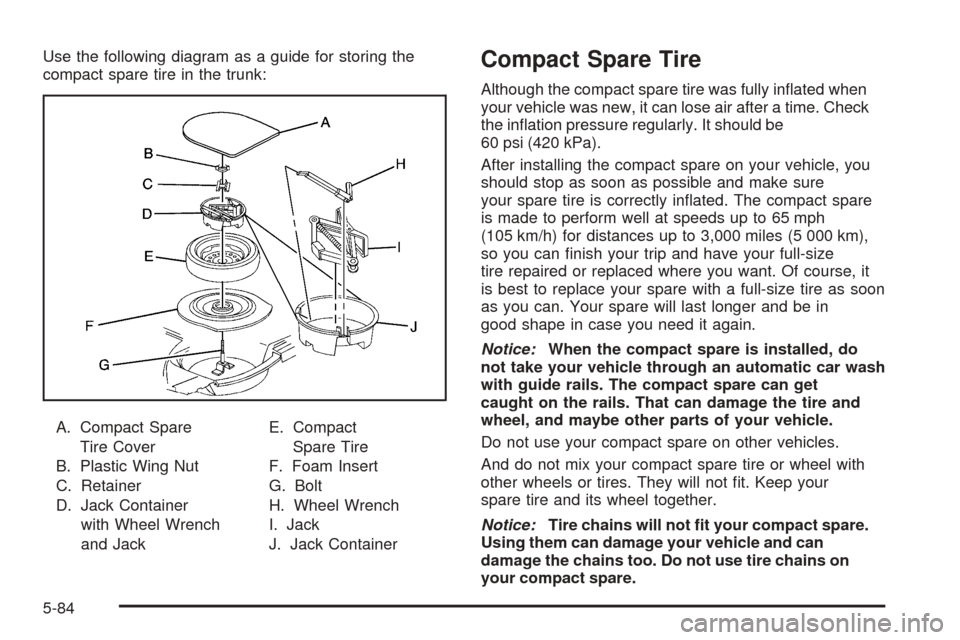CADILLAC STS 2005 1.G Owners Manual Use the following diagram as a guide for storing the
compact spare tire in the trunk:
A. Compact Spare
Tire Cover
B. Plastic Wing Nut
C. Retainer
D. Jack Container
with Wheel Wrench
and JackE. Compact