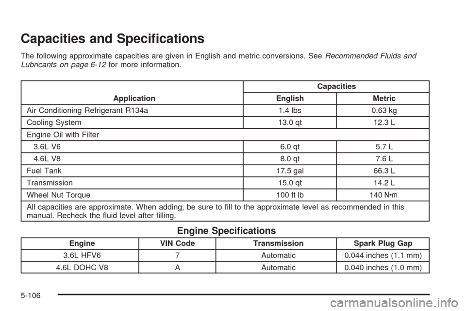 CADILLAC STS 2005 1.G Owners Manual Capacities and Speci�cations
The following approximate capacities are given in English and metric conversions. SeeRecommended Fluids and
Lubricants on page 6-12for more information.
ApplicationCapacit