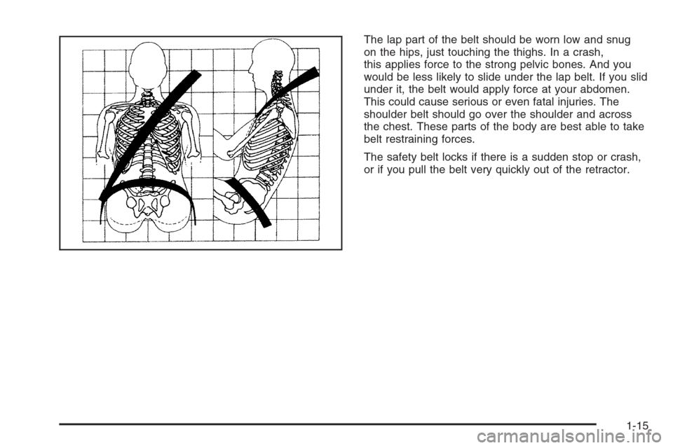 CADILLAC STS 2006 1.G Owners Manual The lap part of the belt should be worn low and snug
on the hips, just touching the thighs. In a crash,
this applies force to the strong pelvic bones. And you
would be less likely to slide under the l