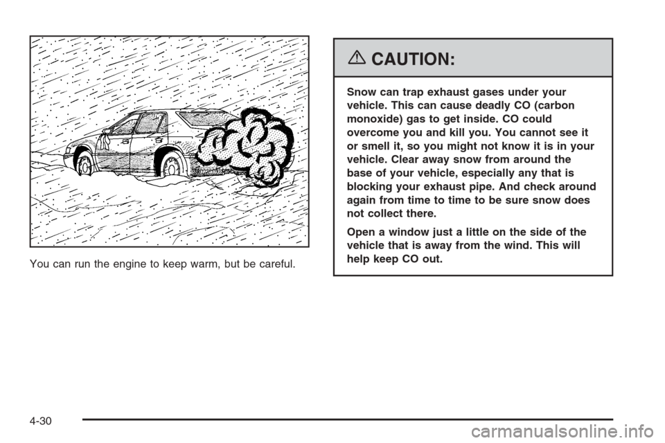 CADILLAC STS 2006 1.G Owners Manual You can run the engine to keep warm, but be careful.
{CAUTION:
Snow can trap exhaust gases under your
vehicle. This can cause deadly CO (carbon
monoxide) gas to get inside. CO could
overcome you and k