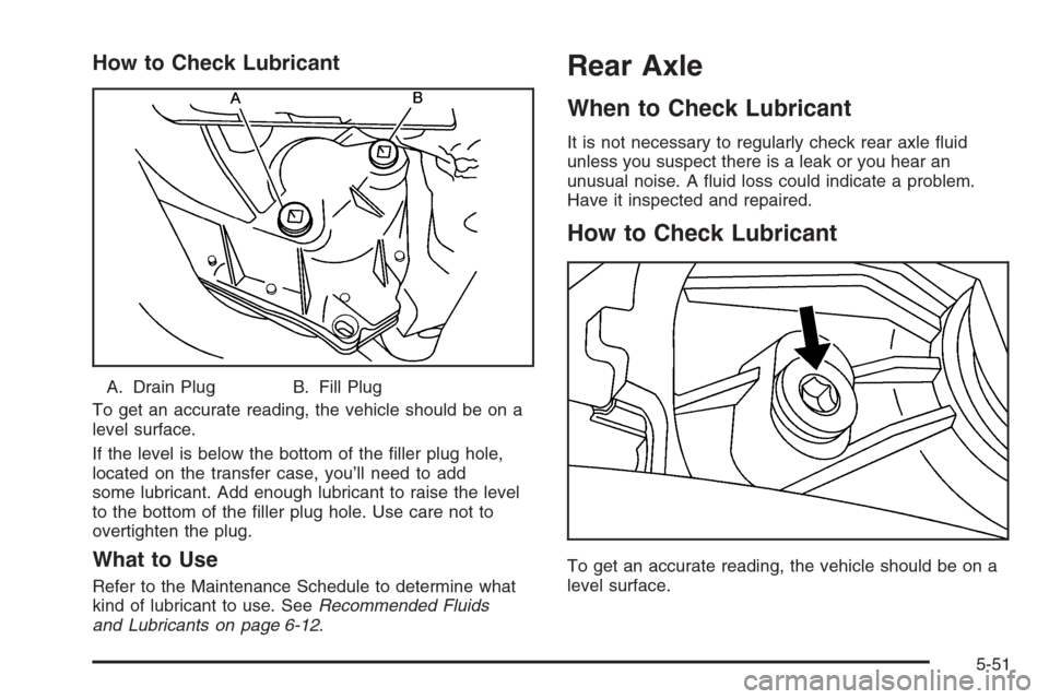 CADILLAC STS 2006 1.G Owners Manual How to Check Lubricant
A. Drain Plug B. Fill Plug
To get an accurate reading, the vehicle should be on a
level surface.
If the level is below the bottom of the �ller plug hole,
located on the transfer