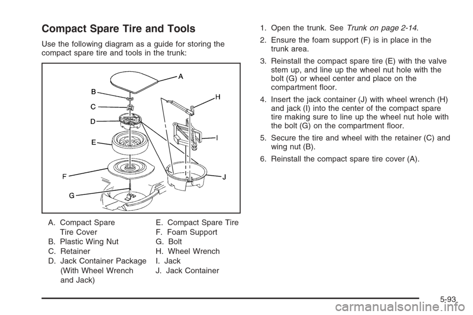 CADILLAC STS 2006 1.G Owners Manual Compact Spare Tire and Tools
Use the following diagram as a guide for storing the
compact spare tire and tools in the trunk:
A. Compact Spare
Tire Cover
B. Plastic Wing Nut
C. Retainer
D. Jack Contain