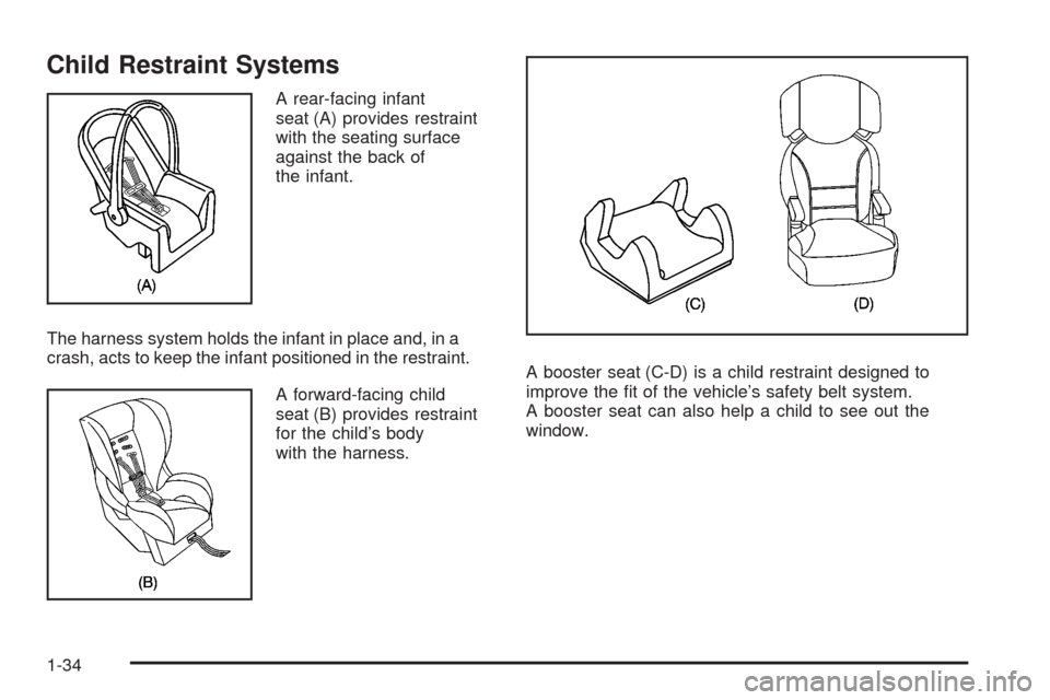 CADILLAC STS 2008 1.G Owners Guide Child Restraint Systems
A rear-facing infant
seat (A) provides restraint
with the seating surface
against the back of
the infant.
The harness system holds the infant in place and, in a
crash, acts to 
