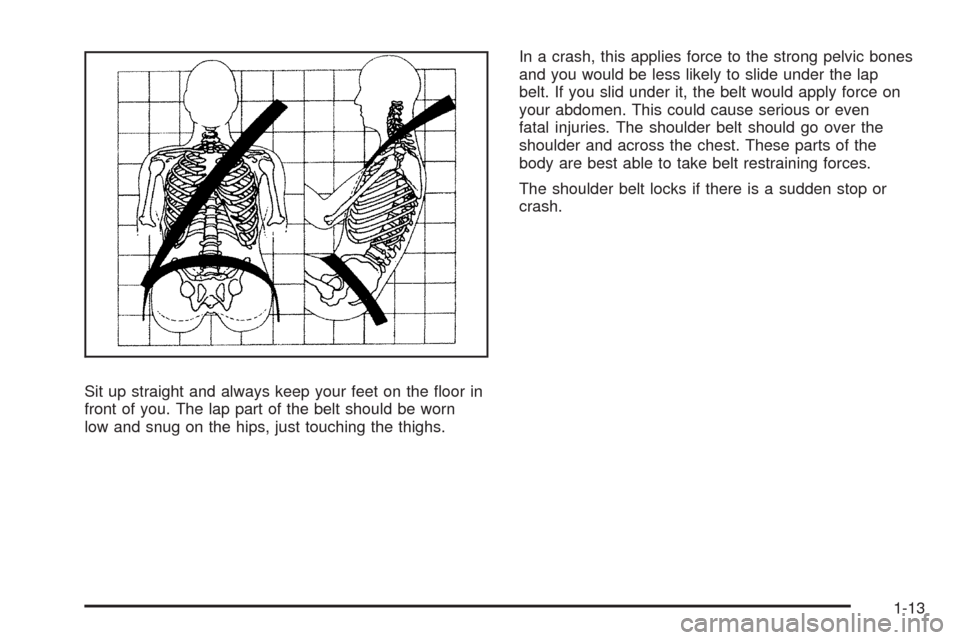 CADILLAC STS 2009 1.G User Guide Sit up straight and always keep your feet on the �oor in
front of you. The lap part of the belt should be worn
low and snug on the hips, just touching the thighs.In a crash, this applies force to the 
