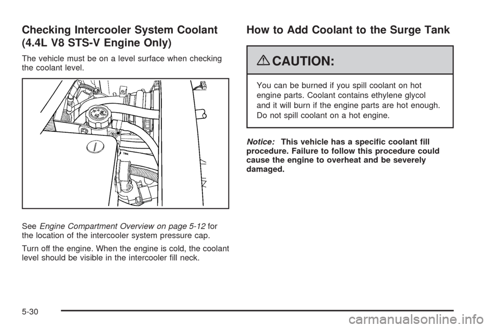 CADILLAC STS 2009 1.G Owners Manual Checking Intercooler System Coolant
(4.4L V8 STS-V Engine Only)
The vehicle must be on a level surface when checking
the coolant level.
SeeEngine Compartment Overview on page 5-12for
the location of t