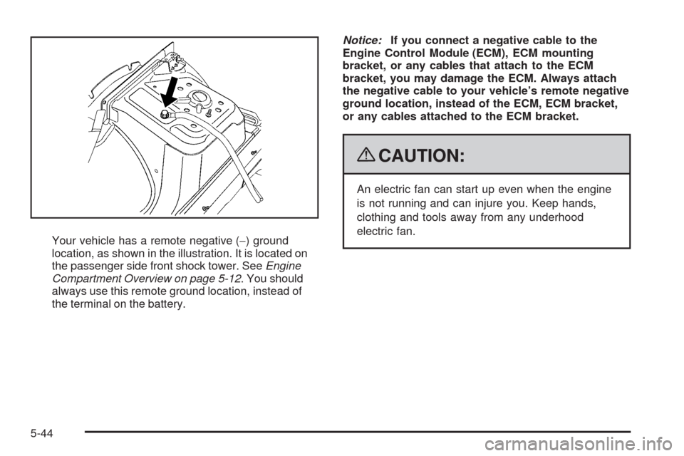 CADILLAC STS 2009 1.G Owners Manual Your vehicle has a remote negative (−) ground
location, as shown in the illustration. It is located on
the passenger side front shock tower. SeeEngine
Compartment Overview on page 5-12. You should
a CADILLAC STS 2009 1.G Owners Manual Your vehicle has a remote negative (−) ground
location, as shown in the illustration. It is located on
the passenger side front shock tower. SeeEngine
Compartment Overview on page 5-12. You should
a