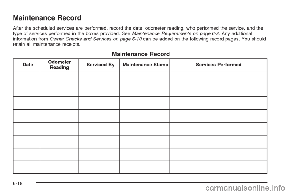CADILLAC STS 2009 1.G Owners Manual Maintenance Record
After the scheduled services are performed, record the date, odometer reading, who performed the service, and the
type of services performed in the boxes provided. SeeMaintenance Re