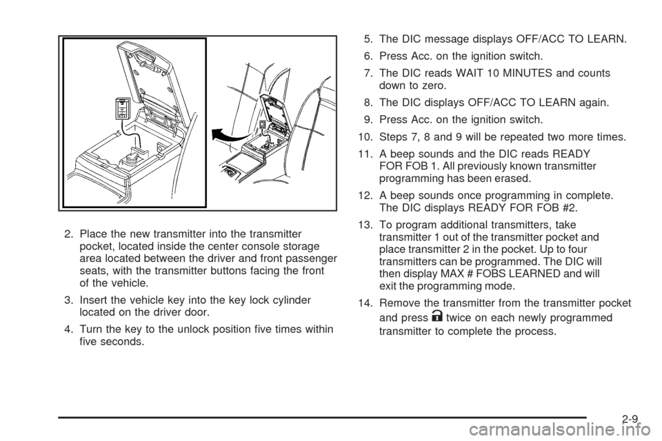 CADILLAC STS 2009 1.G Owners Manual 2. Place the new transmitter into the transmitter
pocket, located inside the center console storage
area located between the driver and front passenger
seats, with the transmitter buttons facing the f