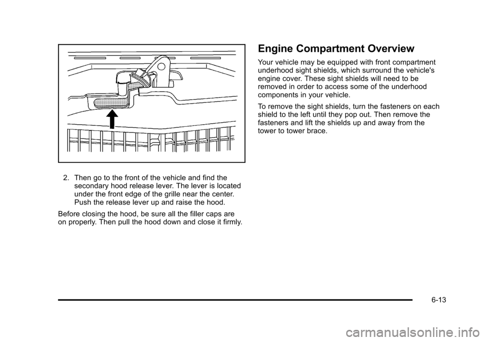 CADILLAC STS 2011 1.G Owners Manual Black plate (13,1)Cadillac STS Owner Manual - 2011
2. Then go to the front of the vehicle and find thesecondary hood release lever. The lever is located
under the front edge of the grille near the cen CADILLAC STS 2011 1.G Owners Manual Black plate (13,1)Cadillac STS Owner Manual - 2011
2. Then go to the front of the vehicle and find thesecondary hood release lever. The lever is located
under the front edge of the grille near the cen