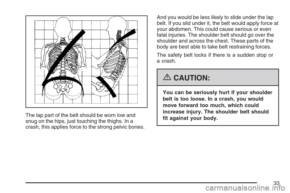 CADILLAC STS V 2007 1.G Owners Guide The lap part of the belt should be worn low and
snug on the hips, just touching the thighs. In a
crash, this applies force to the strong pelvic bones.And you would be less likely to slide under the la