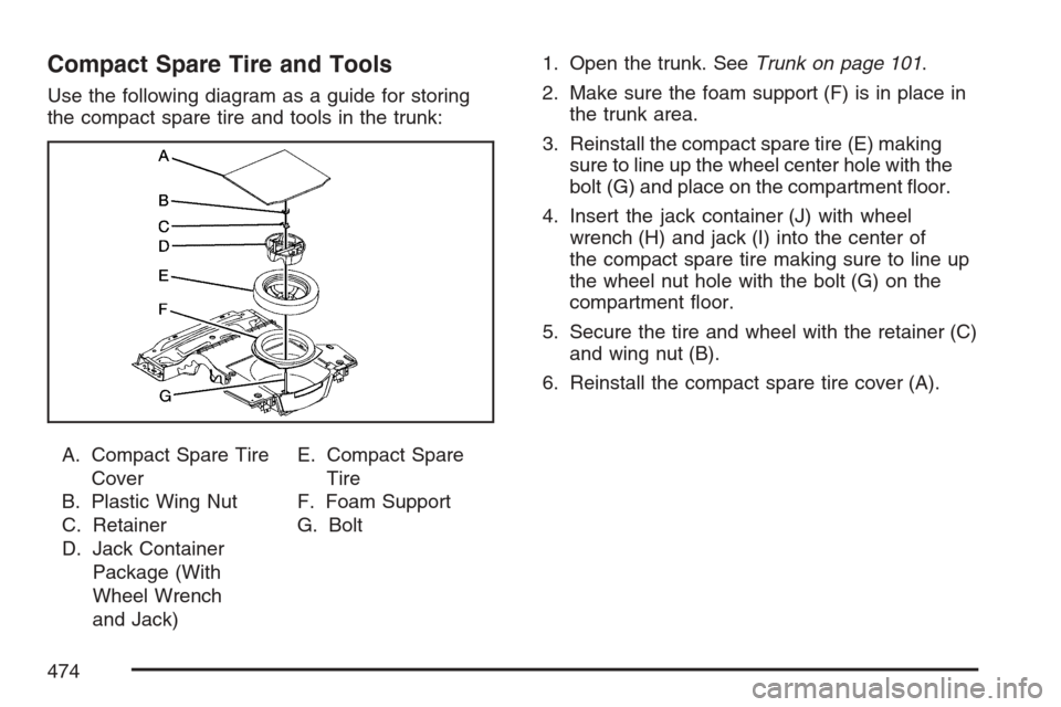 CADILLAC STS V 2007 1.G Owners Manual Compact Spare Tire and Tools
Use the following diagram as a guide for storing
the compact spare tire and tools in the trunk:
A. Compact Spare Tire
Cover
B. Plastic Wing Nut
C. Retainer
D. Jack Contain