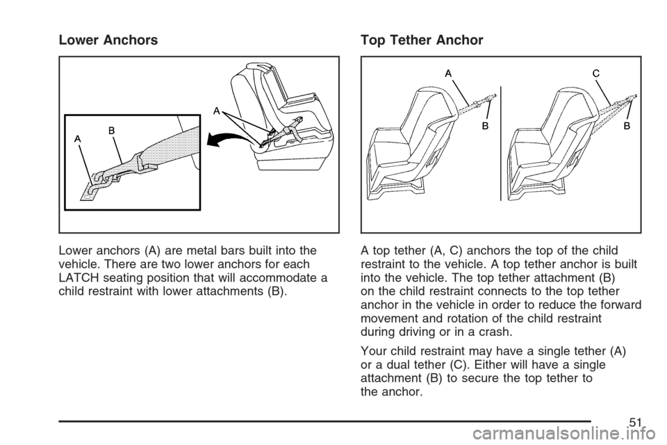 CADILLAC STS V 2007 1.G Workshop Manual Lower Anchors
Lower anchors (A) are metal bars built into the
vehicle. There are two lower anchors for each
LATCH seating position that will accommodate a
child restraint with lower attachments (B).
T