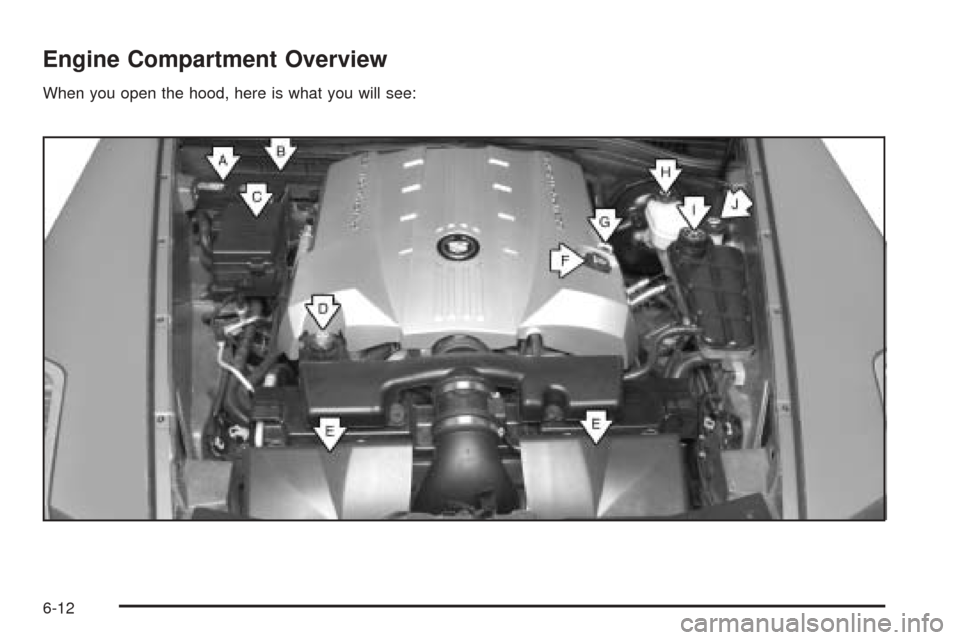 CADILLAC XLR 2005 1.G Owners Manual Engine Compartment Overview
When you open the hood, here is what you will see:
6-12 