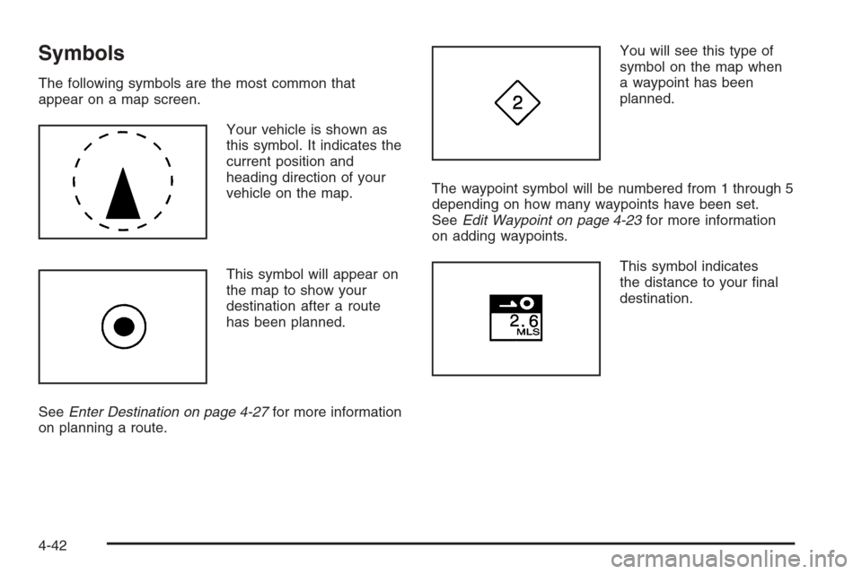 CADILLAC XLR 2006 1.G Owners Manual Symbols
The following symbols are the most common that
appear on a map screen.
Your vehicle is shown as
this symbol. It indicates the
current position and
heading direction of your
vehicle on the map.