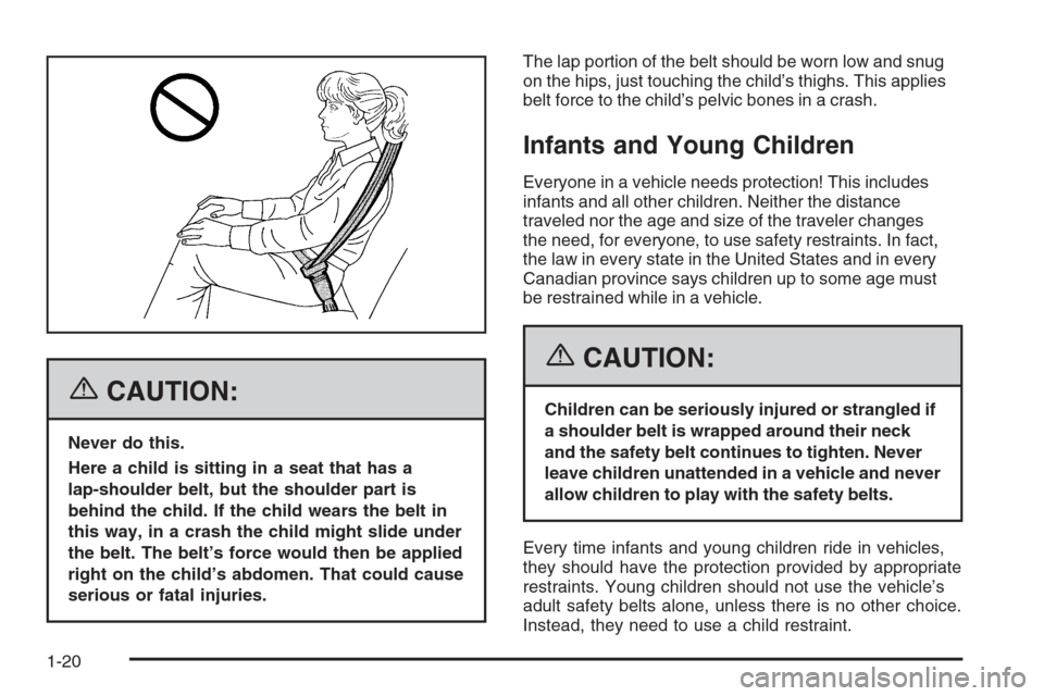 CADILLAC XLR 2006 1.G Owners Manual {CAUTION:
Never do this.
Here a child is sitting in a seat that has a
lap-shoulder belt, but the shoulder part is
behind the child. If the child wears the belt in
this way, in a crash the child might 