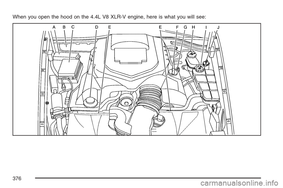 CADILLAC XLR 2007 1.G Owners Manual When you open the hood on the 4.4L V8 XLR-V engine, here is what you will see:
376 