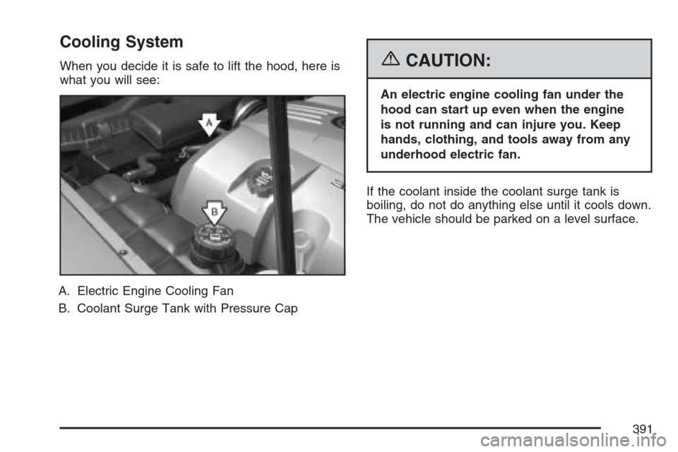 CADILLAC XLR 2007 1.G Owners Manual Cooling System
When you decide it is safe to lift the hood, here is
what you will see:
A. Electric Engine Cooling Fan
B. Coolant Surge Tank with Pressure Cap{CAUTION:
An electric engine cooling fan un