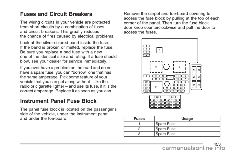 CADILLAC XLR 2007 1.G Owners Manual Fuses and Circuit Breakers
The wiring circuits in your vehicle are protected
from short circuits by a combination of fuses
and circuit breakers. This greatly reduces
the chance of �res caused by elect