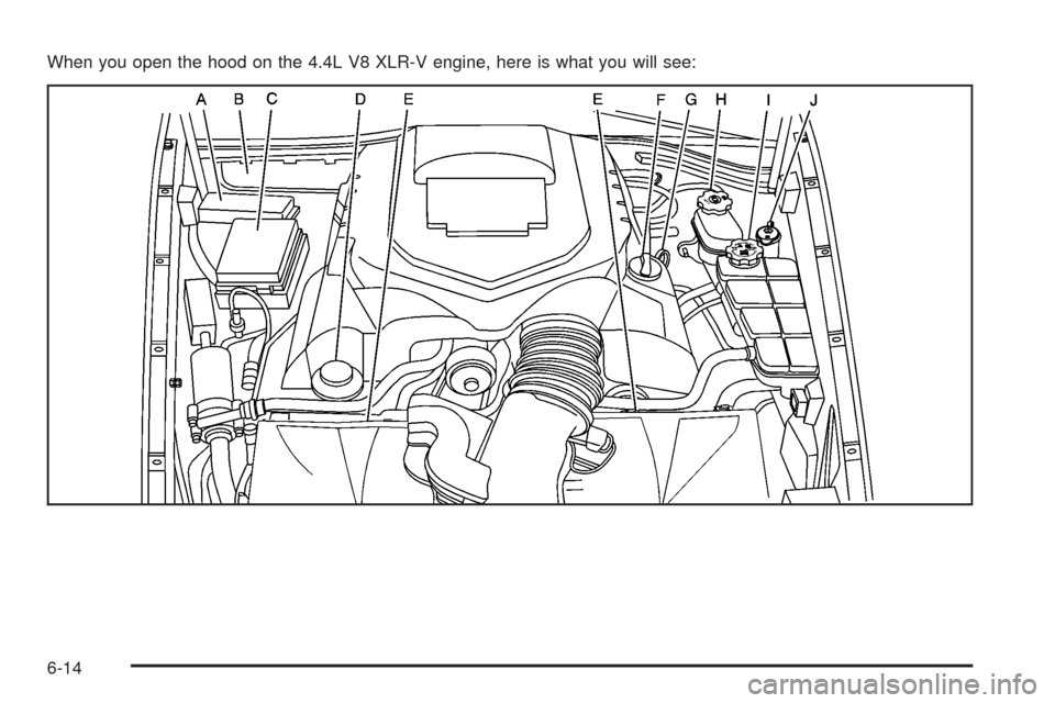 CADILLAC XLR 2008 1.G Owners Manual When you open the hood on the 4.4L V8 XLR-V engine, here is what you will see:
6-14 