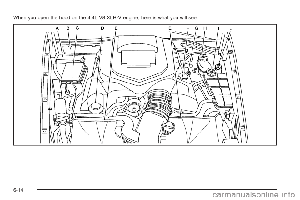 CADILLAC XLR V 2006 1.G Owners Manual When you open the hood on the 4.4L V8 XLR-V engine, here is what you will see:
6-14 