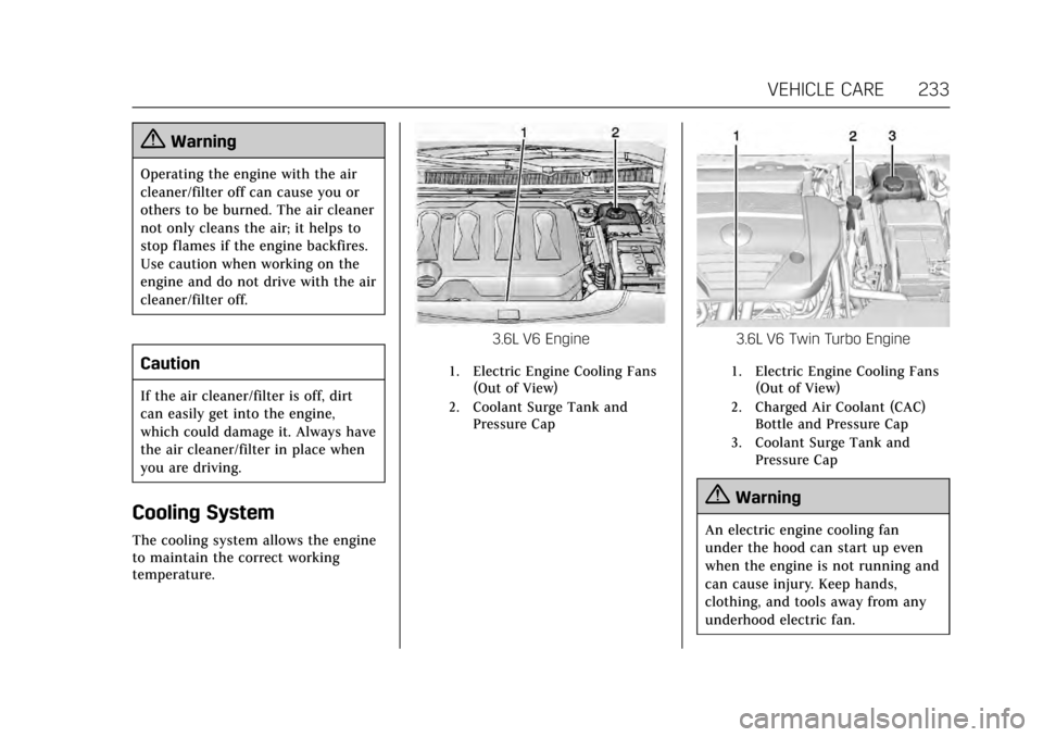 CADILLAC XTS 2017 1.G Owners Guide Cadillac XTS Owner Manual (GMNA-Localizing-MidEast-10292881) - 2017 -
crc - 7/1/16
VEHICLE CARE 233
{Warning
Operating the engine with the air
cleaner/filter off can cause you or
others to be burned. CADILLAC XTS 2017 1.G Owners Guide Cadillac XTS Owner Manual (GMNA-Localizing-MidEast-10292881) - 2017 -
crc - 7/1/16
VEHICLE CARE 233
{Warning
Operating the engine with the air
cleaner/filter off can cause you or
others to be burned.