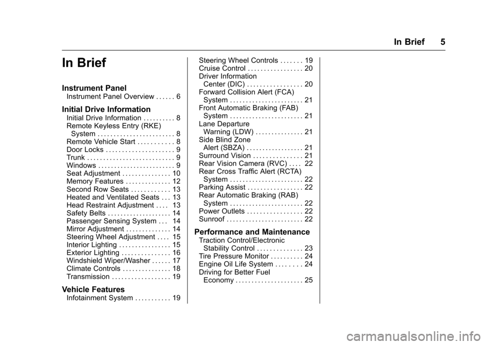 CADILLAC XTS 2016 1.G Owners Manual Cadillac XTS Owner Manual (GMNA-Localizing-MidEast-9369806) - 2016 -
crc - 6/24/15
In Brief 5
In Brief
Instrument Panel
Instrument Panel Overview . . . . . . 6
Initial Drive Information
Initial Drive 