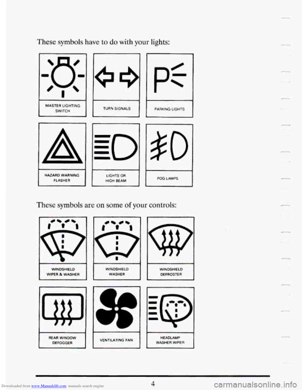 CADILLAC DEVILLE 1993 7.G Owners Manual Downloaded from www.Manualslib.com manuals search engine These symbols have to do with your lights:
n
I
TURN SIGNALS
MASTER LIGHTING
SWITCH PARKING
LIGHTS
A $0 *. 1
1 FOG LAMPS I
HAZARD W CADILLAC DEVILLE 1993 7.G Owners Manual Downloaded from www.Manualslib.com manuals search engine These symbols have to do with your lights:
n
I
TURN SIGNALS
MASTER LIGHTING
SWITCH PARKING
LIGHTS
A $0 *. 1
1 FOG LAMPS I
HAZARD W