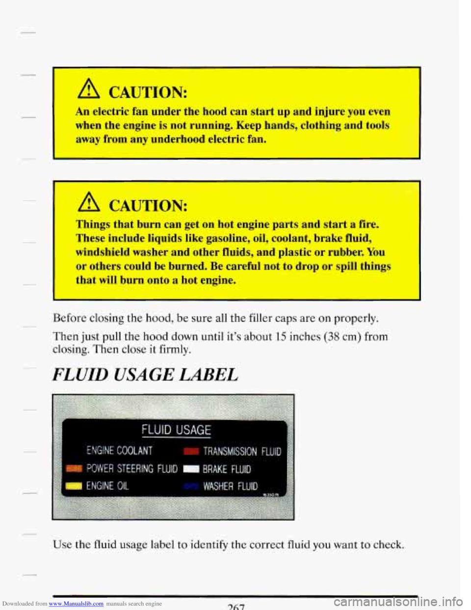CADILLAC DEVILLE 1993 7.G User Guide Downloaded from www.Manualslib.com manuals search engine A CAUTION:
An electric fan under the hood can start up and injure you even
when the engine is not running. Keep hands, clothing CADILLAC DEVILLE 1993 7.G User Guide Downloaded from www.Manualslib.com manuals search engine A CAUTION:
An electric fan under the hood can start up and injure you even
when the engine is not running. Keep hands, clothing
