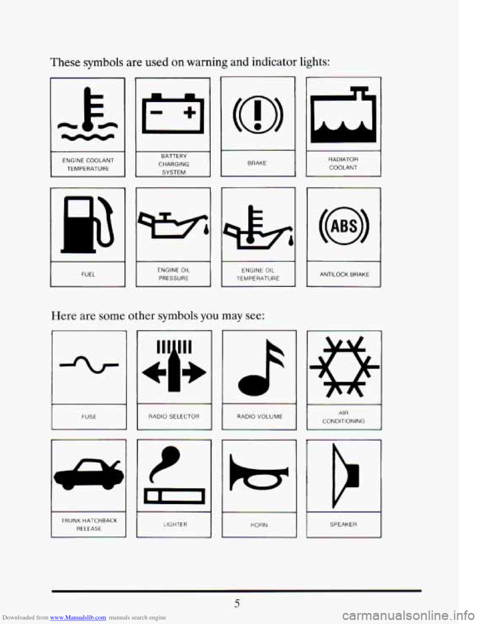 CADILLAC ELDORADO 1993 10.G User Guide Downloaded from www.Manualslib.com manuals search engine These symbols are used on warning  and  indicator  lights: 
I- I 
I 
ENGINE COOLANT 
TEMPERATURE I 
/u/L 
BATTERY 
CHARGING  SYSTEM 
u 
BRAKE 
