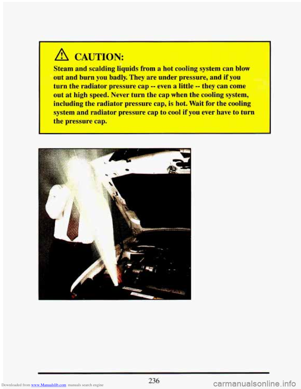CADILLAC ELDORADO 1993 10.G Owners Manual Downloaded from www.Manualslib.com manuals search engine Steam and scalding liquids from a hot cooling system can blow
out and burn you badly. They are under pressure, and if you
turn CADILLAC ELDORADO 1993 10.G Owners Manual Downloaded from www.Manualslib.com manuals search engine Steam and scalding liquids from a hot cooling system can blow
out and burn you badly. They are under pressure, and if you
turn
