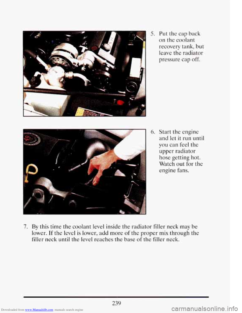 CADILLAC ELDORADO 1993 10.G Owners Manual Downloaded from www.Manualslib.com manuals search engine 5. Put the  cap back 
on  the  coolant 
recovery  tank,  but 
leave  the  radiator 
pressure  cap  off. 
6. Start  the engine 
and  let it  run